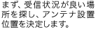 まず電波状況が良い場所を探し、アンテナ設置位置を確認します。