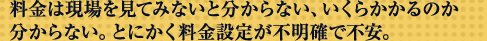 料金は現場を見てみないと分からない、いくらかかるのか分からない。とにかく料金設定が不明確で不安。