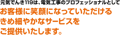 元気でんき１１９は、電気工事のプロフェッショナルとしてお客様に笑顔になっていただけるきめ細やかなサービスをご提供いたします。